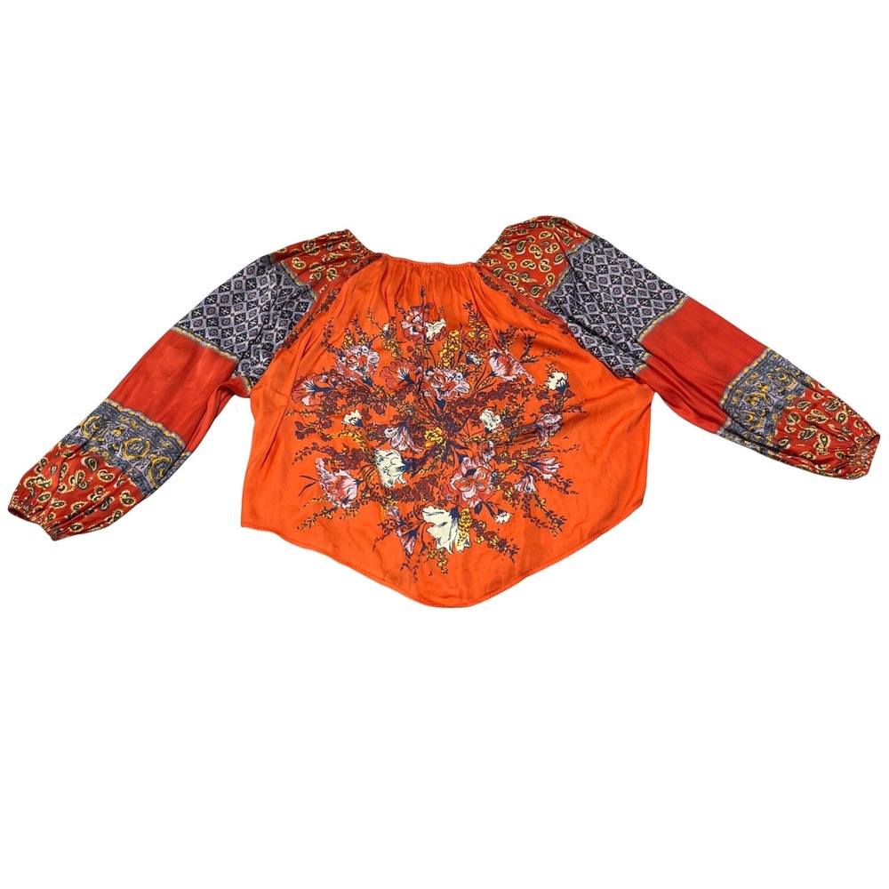Free People Floral Print Blouse Womens XS Orange Peasant Boho Balloon Sleeve - Picture 8 of 11